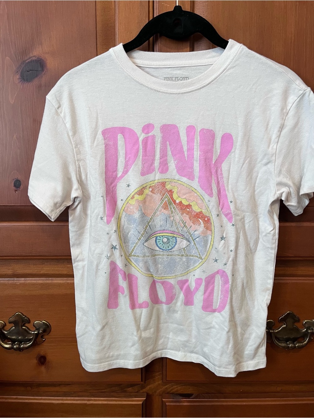 Pink Floyd White Tee with Pink Graphic and Multicolor Eye Motif